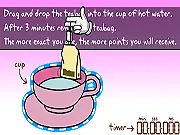 Tea Sim free online simulation game screenshot featuring a humorous, possibly 3D, scene of a British person engaging in a dramatic or adventurous moment with a prominent cup of tea.