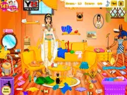 Queen Cleopatra Room Cleaning game screen showing a messy royal chamber with items to organize online free