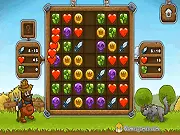 Play Farmer Quest free online puzzle RPG game, showing a farmer fighting enemies after collecting weapons from a match-three grid.