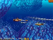In The Hunt free online game, showing a submarine in a 2D side-scrolling shooter environment, firing a torpedo