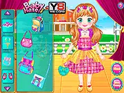 Baby Anna New Semester dress-up game, showing a cute cartoon girl standing with a selection of clothes and a school background.