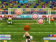Playing Soccer Star free online game, aiming a football at the goal and goalkeeper
