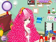 Anime magical girl with a new trendy haircut and beautiful dress preparing for a party in the free online salon game