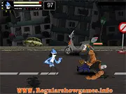 Regular Show Street Fighter free online game, showing Mordecai fighting a group of gangsters on a city street