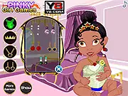Princess Tiana Baby Bath free online game screenshot, baby being washed and dressed, care and makeover game