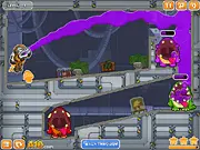 The cannon shooting pink slime towards hungry, green aliens in the physics puzzle game Feed Me Moar 2