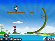 Super Pirate Adventure game screenshot showing a pirate aiming a bow and arrow to hit enemies on a platform
