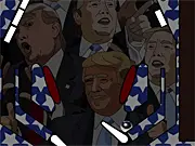 Screenshot of Donald Trump Pinball game board featuring bumpers and targets with Trump's likeness and political slogans in red, white, and blue colors.