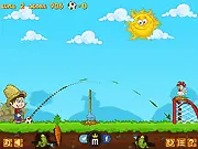Farm Soccer free online game screenshot showing a farmer kicking a soccer ball towards a goal through farm equipment and obstacles