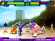 Capoeira Fighter 3 Ultimate World Tournament gameplay screen showing two fighters mid-action with acrobatic capoeira moves and the 4-player interface.