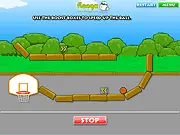 Tricky Shot free online puzzle game screenshot showing a ball navigating a path of rotated blocks, a speed booster, and a gravity arrow towards a target basket