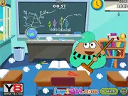 Screenshot from the Pou Classroom Clean game showing a messy classroom with papers and trash scattered on the floor, and the Pou character standing ready to clean with a broom. Play the free online cleaning game.