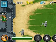 Gameplay screenshot of Zombie-Defense tower defense game showing a castle wall being protected by a turret shooting at an incoming horde of cartoon-style zombies