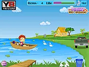 Screenshot of the Lake Cleaning online game, showing a polluted lake with various pieces of trash and wood ready for the player to sort into a dustbin and a truck.