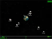Typing Defense online game screen showing incoming asteroids with words displayed on them, and a protective cannon on Earth