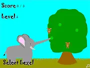 Marula free online game screenshot showing a hungry elephant extending its trunk to grab a fruit while a monkey swings nearby