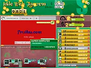 Idle Web Tycoon online game screenshot showing a digital dashboard with statistics for website views, bandwidth, and revenue