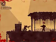 Gameplay screenshot of Badland: Rusty's Justice, a free online action game, showing a silhouetted hero character aiming a weapon at an enemy in a ruined, dark wasteland.