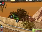Nitro 4x4 Jumper free online monster truck game screenshot, using nitro to jump over a huge gap, vehicle upgrade screen on PlayArcadeHub