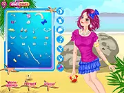 Screenshot of Royal Mermaid's Birthday dress-up game showing the princess as a human on a beach, ready to be styled with various beach party clothes.