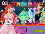 Anna Fashion Store free online game screenshot featuring princesses Ariel, Elsa, and Sofia shopping for stylish dresses and accessories