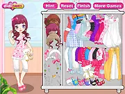 Screenshot of the Pajama Cutie dress up game showing a girl in cute pajamas, next to a bed, with a fluffy toy and a cup of tea. Play the free online fashion game.