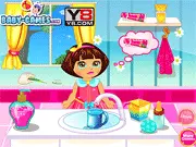 Dora the Explorer smiling while brushing her teeth in the Dora Baby Caring game