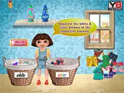Dora Washing Clothes free online game screenshot, Dora sorting laundry and using washing machine, educational kids game
