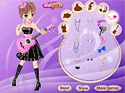 Screenshot of Pink Band Guitarist showing the character Lucy with a pink guitar and various clothing options for a stage performance