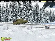 Gameplay screenshot of Winter Tank Strike, showing a tank driving over barrels and firing its cannon at a turret in a snowy setting