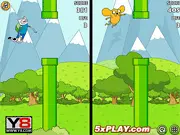 Cartoon characters Finn and Jake from Adventure Time flapping their way through green pipes in the difficult free game Flappy Finn And Jake