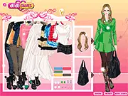 Screenshot of the Winter Fashion Dressup game showing a model wearing a stylish, layered winter outfit with a trendy scarf and boots.