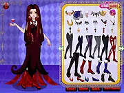 Screenshot of Vampire Rebecca Style dress up game showing the vampire character in a glamorous Gothic gown and cloak.