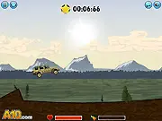 A powerful SUV driving slowly and carefully over extreme rocky terrain on the dirt course in the offroad game