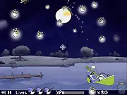 Cartoon character Mordecai catching Rigby who is falling from the sky to collect fireflies in the free game All Nighter