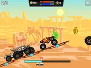 Gameplay screenshot of Mad Truck Challenge monster truck racing game, showing a highly upgraded red truck jumping over obstacles and opponents