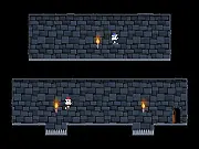 Gameplay screenshot of the puzzle game Magicians showing three different magician characters in a stone dungeon, preparing to use their powers to avoid a hazard.