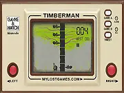 Retro Timberman free online game screenshot, pixel art lumberjack chopping a tree and avoiding branches