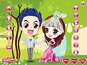 Screenshot of the Colorful Wedding Cocktail online game, showing a stylish couple dressed in colorful attire for their wedding party