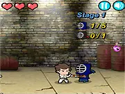 Gameplay screenshot of Kick and Punch online fighting game showing a martial arts character ready to kick and punch enemies approaching from both the left and right sides