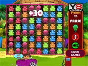 Dora Jelly Fun Match 3 game screen showing Dora's car next to a board full of colorful, sparkling jellies ready to be swapped and matched