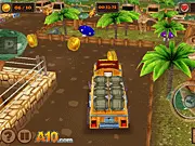 Mega Jurassic Parking 3D free online driving game screenshot of a car attempting to park in a difficult, tight spot in a jungle-themed environment