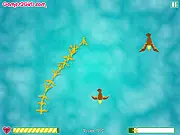 Screenshot of the Leader Bird: Migration online game, showing a large flock of yellow birds following the leader while avoiding blue birds
