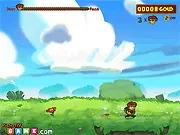 Hobo Run game screen showing the main character running on a rail track through a dangerous forest filled with gold coins and flying enemies