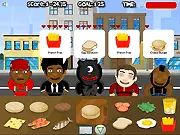 Burger Jam game screenshot showing a busy restaurant counter, various burger ingredients, and a chef assembling a customer's requested burger