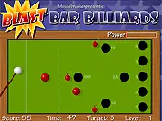 Blast Bar Billiards free online game screenshot, a pool table with billiard balls and three dangerous black bombs as obstacles