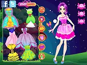 Mushroom Ville Pixie free online dress up game screenshot showing the pixie character in her mushroom village home with a wardrobe of frilly clothes
