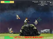 Ben 10 Robot Invasion free online game, Ben 10 fighting alien robots in a ruined city, action shooter gameplay