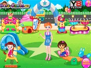 Dora At Park Adventure game screen showing Dora and her best friends laughing and playing together on a sunny day in a vibrant green park