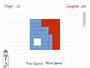 Gameplay screenshot of iBrain Square puzzle game showing a grid of dots with lines connecting them, highlighting boxes that have been captured by two different colors.